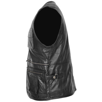 Mens Real Leather Multi-Purpose Waistcoat Gary Black - genuine leather vest in black with nine outer pockets