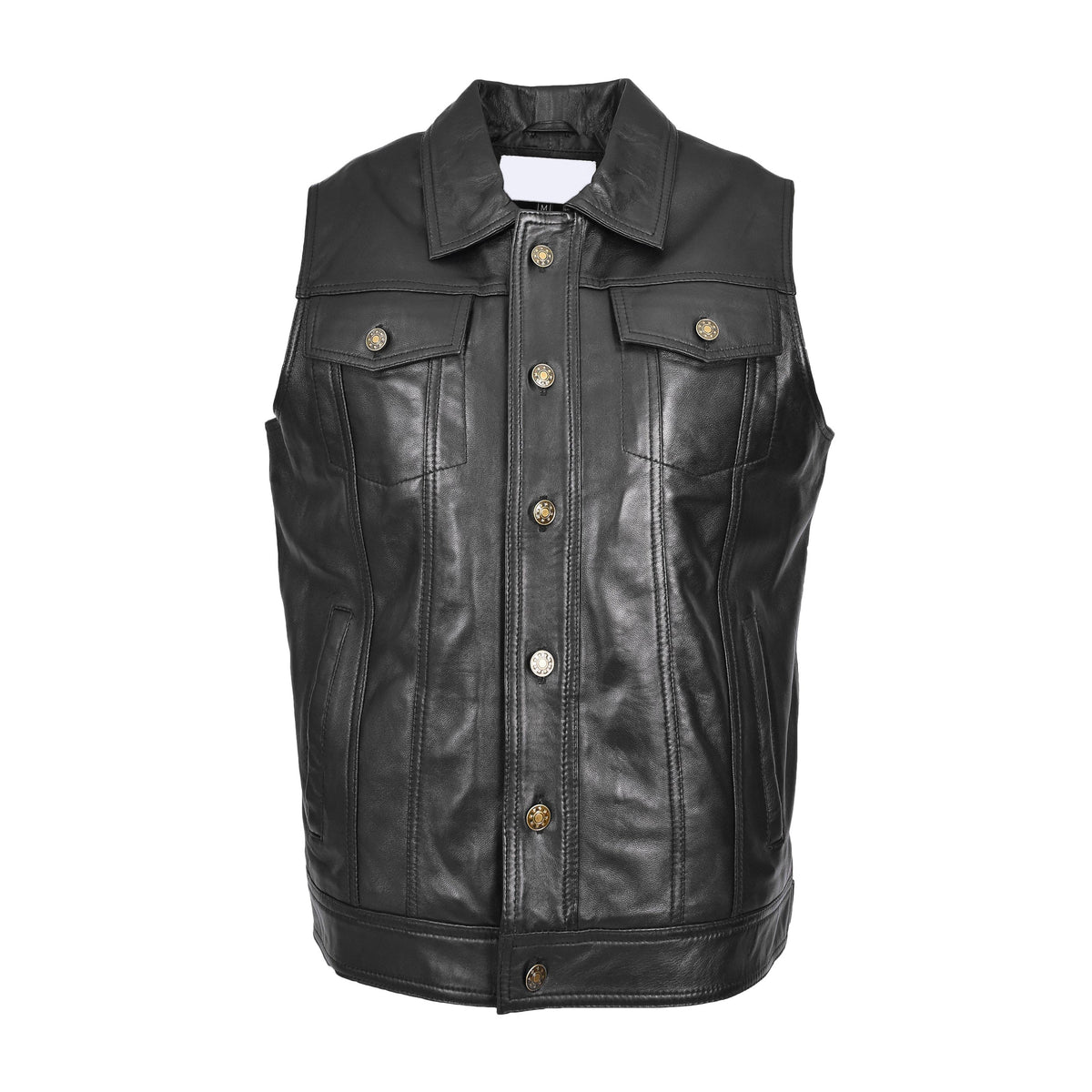Mens Real Leather Waistcoat Classic Trucker Style Vest Teddy Black - genuine leather vest in black with waistcoat