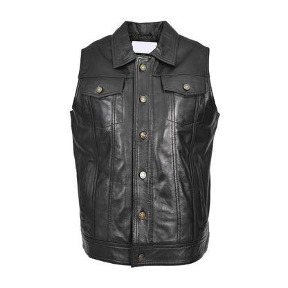 Mens Real Leather Waistcoat Classic Trucker Style Vest Teddy Black - genuine leather vest in black with waistcoat
