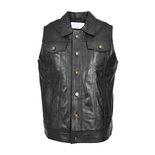 Mens Real Leather Waistcoat Classic Trucker Style Vest Teddy Black - genuine leather vest in black with waistcoat