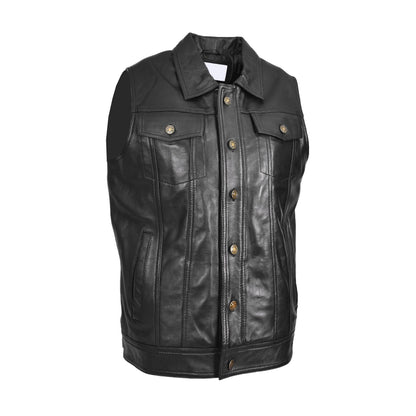 Mens Real Leather Waistcoat Classic Trucker Style Vest Teddy Black - genuine leather vest in black with trucker