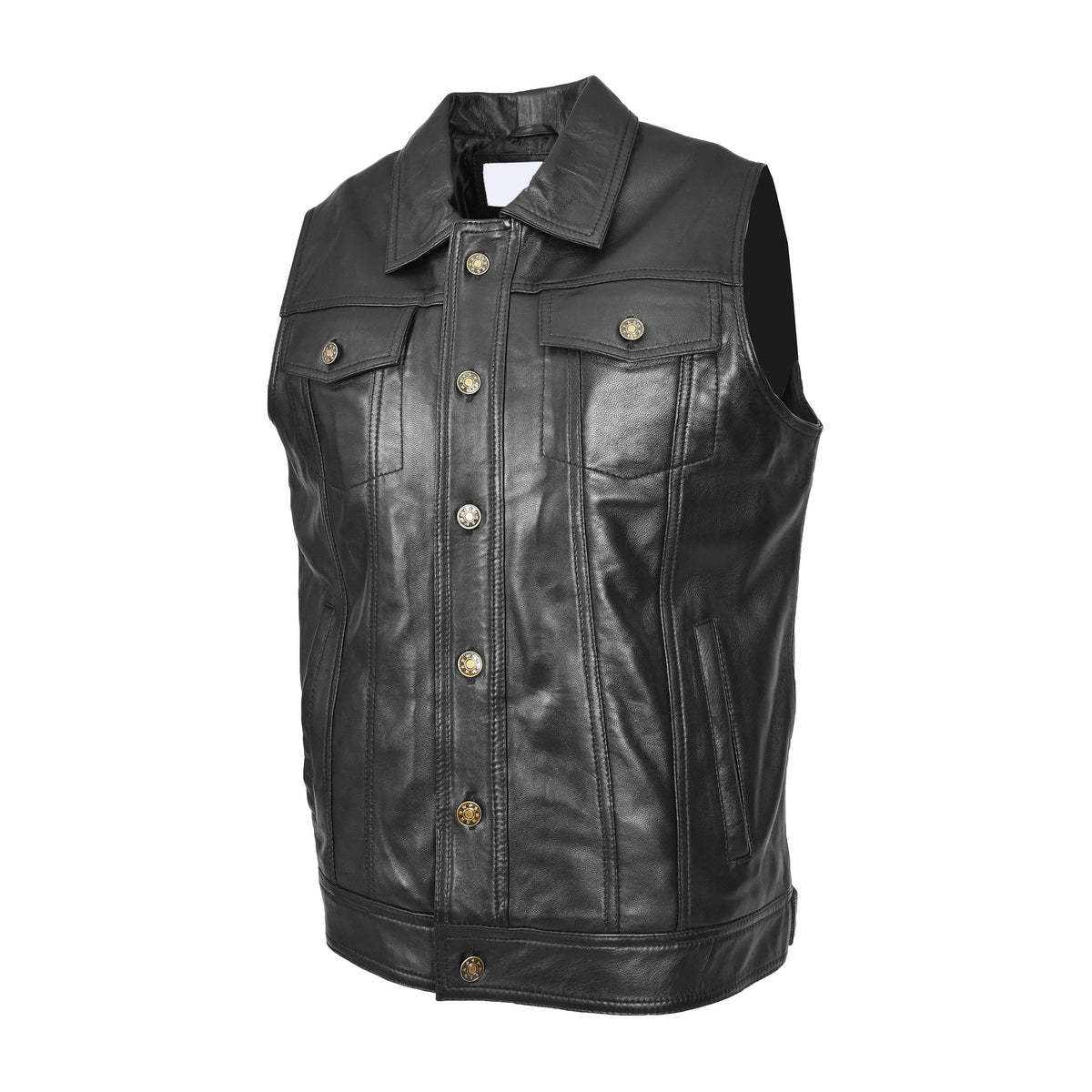 Mens Real Leather Waistcoat Classic Trucker Style Vest Teddy Black - genuine leather vest in black with waistcoat