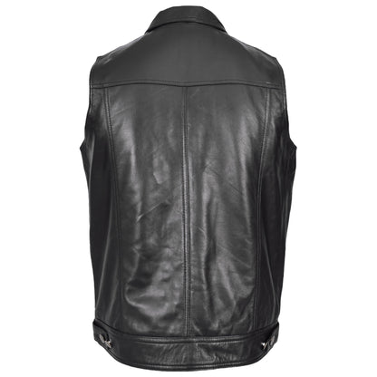 Mens Real Leather Waistcoat Classic Trucker Style Vest Teddy Black - genuine leather vest in black with waistcoat