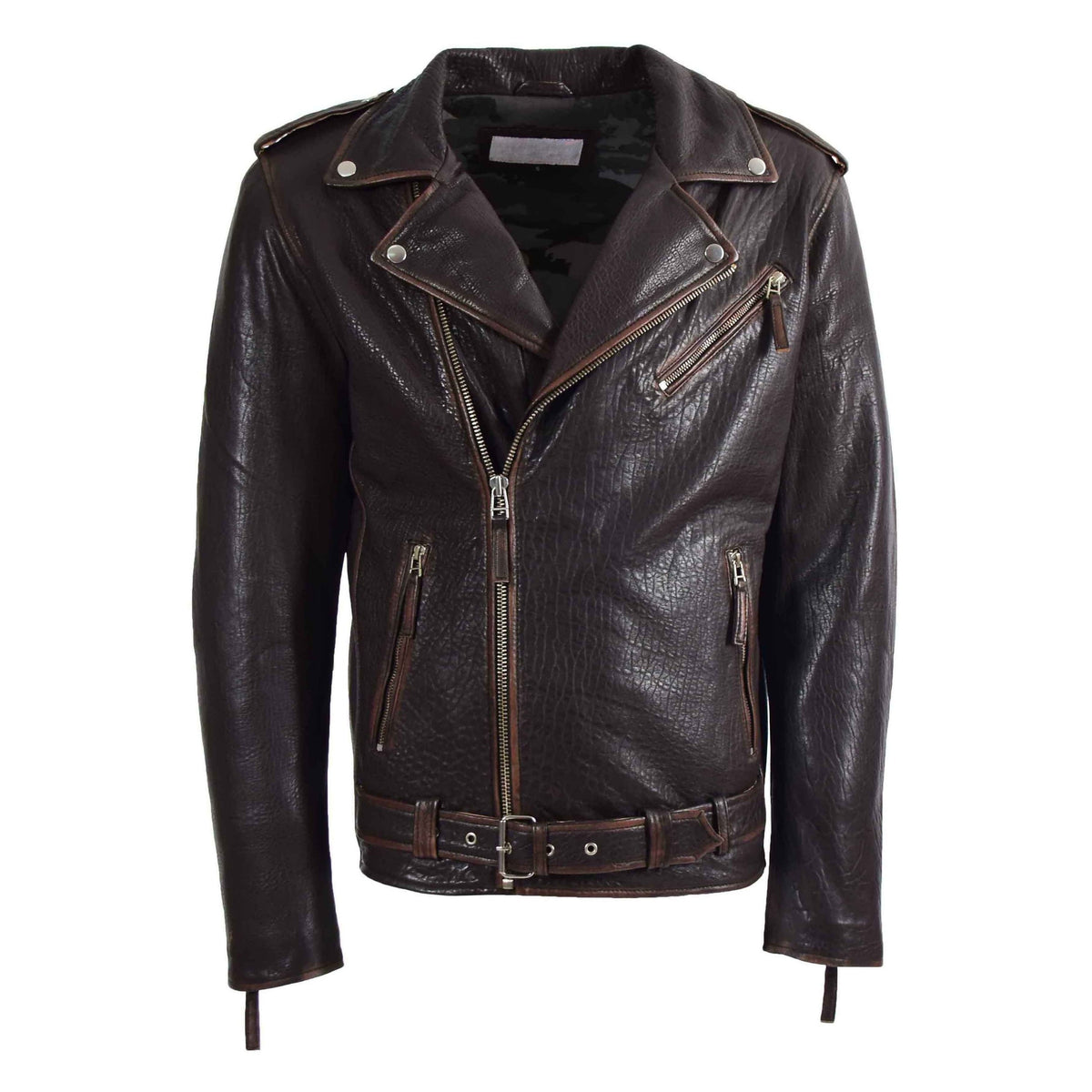 Mens Real New Zealand Leather Biker Style Jacket Zip Brando NELSON Brown - genuine leather jacket in brown with three outer pockets