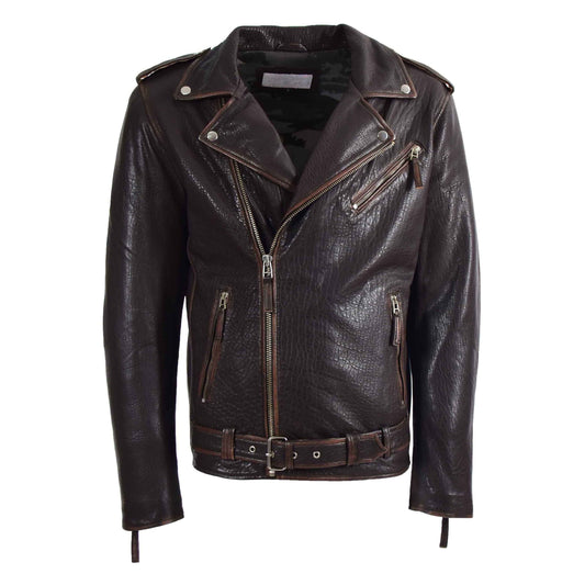 Mens Real New Zealand Leather Biker Style Jacket Zip Brando NELSON Brown - genuine leather jacket in brown with three outer pockets