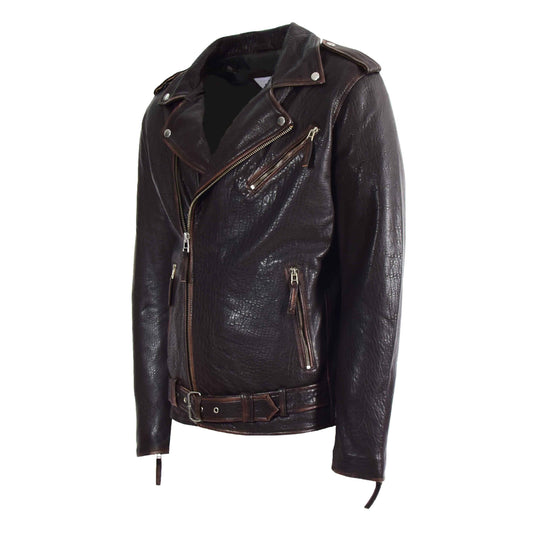 Mens Real New Zealand Leather Biker Style Jacket Zip Brando NELSON Brown - genuine leather jacket in brown with biker