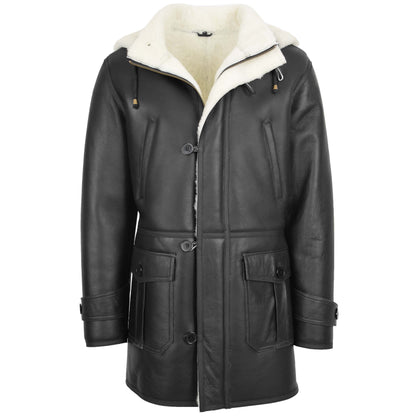 Mens Real Sheepskin Duffle Hooded Coat Vincent Black White - genuine sheepskin coat in black white with four outer pockets