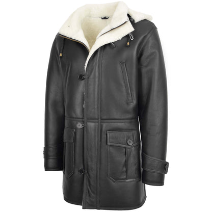 Mens Real Sheepskin Duffle Hooded Coat Vincent Black White - genuine sheepskin coat in black white with hooded