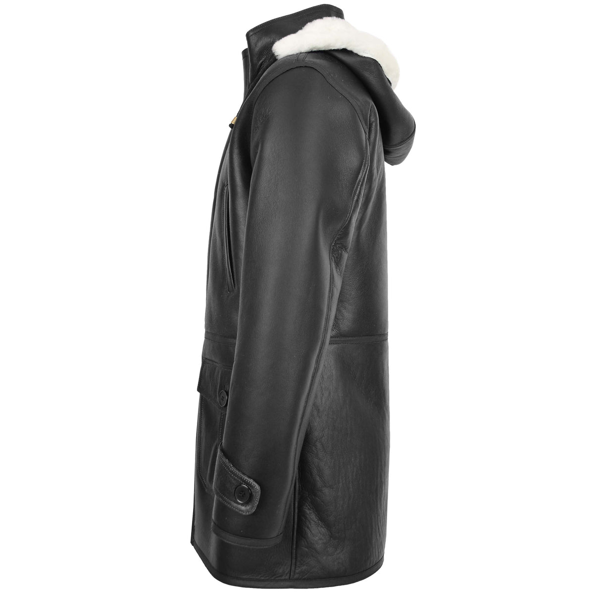 Mens Real Sheepskin Duffle Hooded Coat Vincent Black White - genuine sheepskin coat in black white with duffle