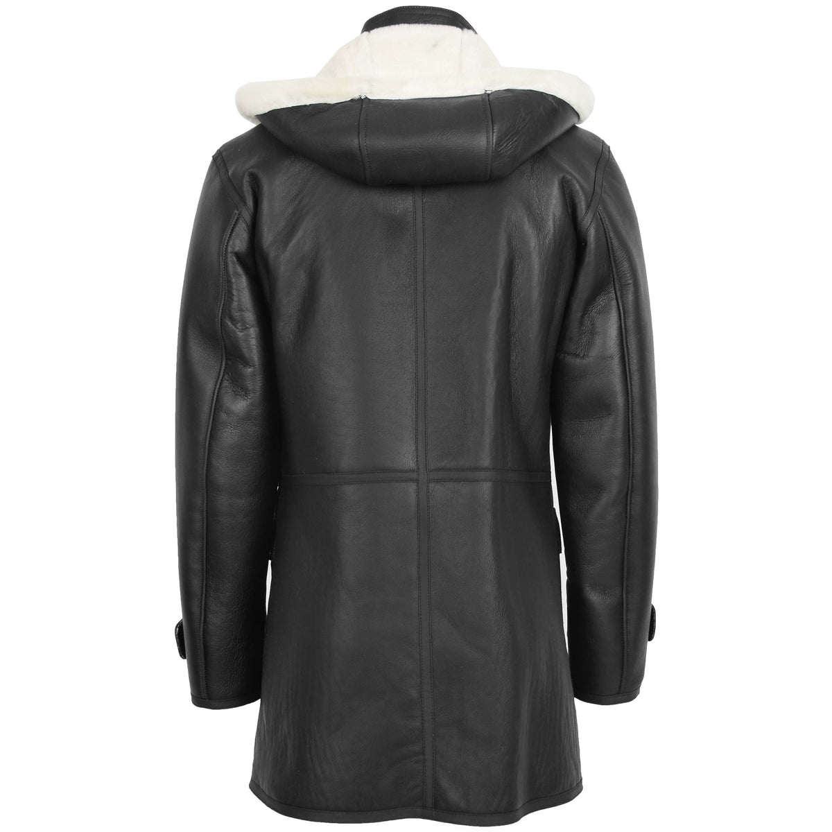 Mens Real Sheepskin Duffle Hooded Coat Vincent Black White - genuine sheepskin coat in black white with hooded