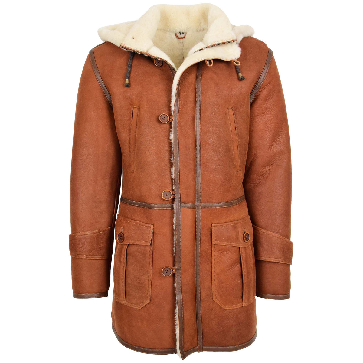 Mens Real Sheepskin Duffle Hooded Coat Vincent Whiskey - genuine sheepskin coat with four outer pockets