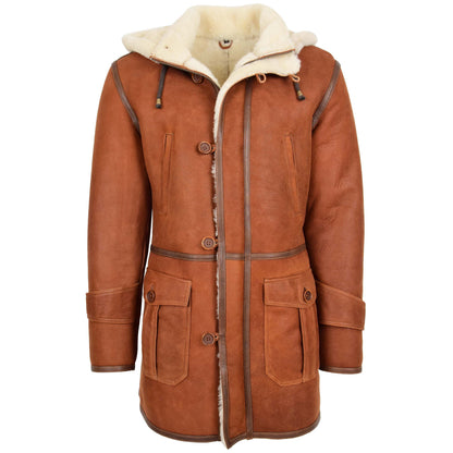 Mens Real Sheepskin Duffle Hooded Coat Vincent Whiskey - genuine sheepskin coat with four outer pockets