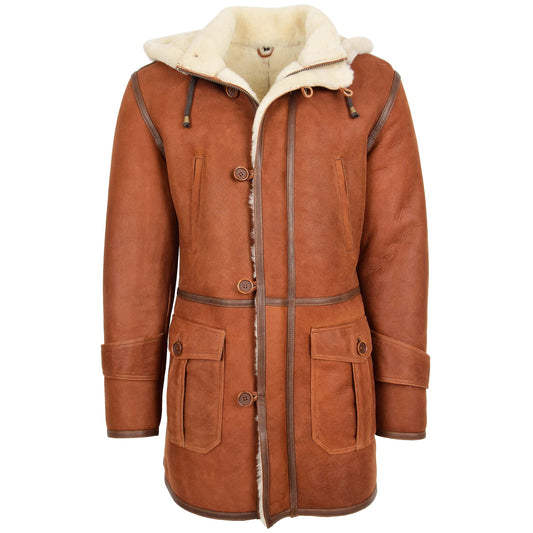 Mens Real Sheepskin Duffle Hooded Coat Vincent Whiskey - genuine sheepskin coat with four outer pockets