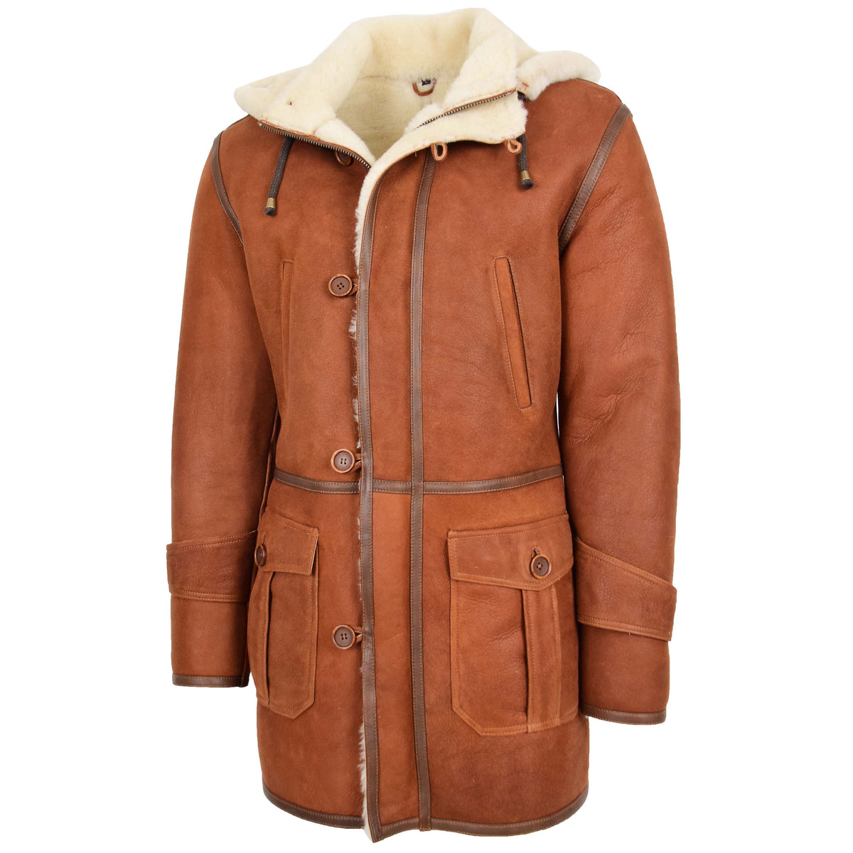 Mens Real Sheepskin Duffle Hooded Coat Vincent Whiskey - genuine sheepskin coat with hooded