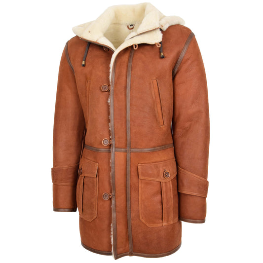 Mens Real Sheepskin Duffle Hooded Coat Vincent Whiskey - genuine sheepskin coat with hooded