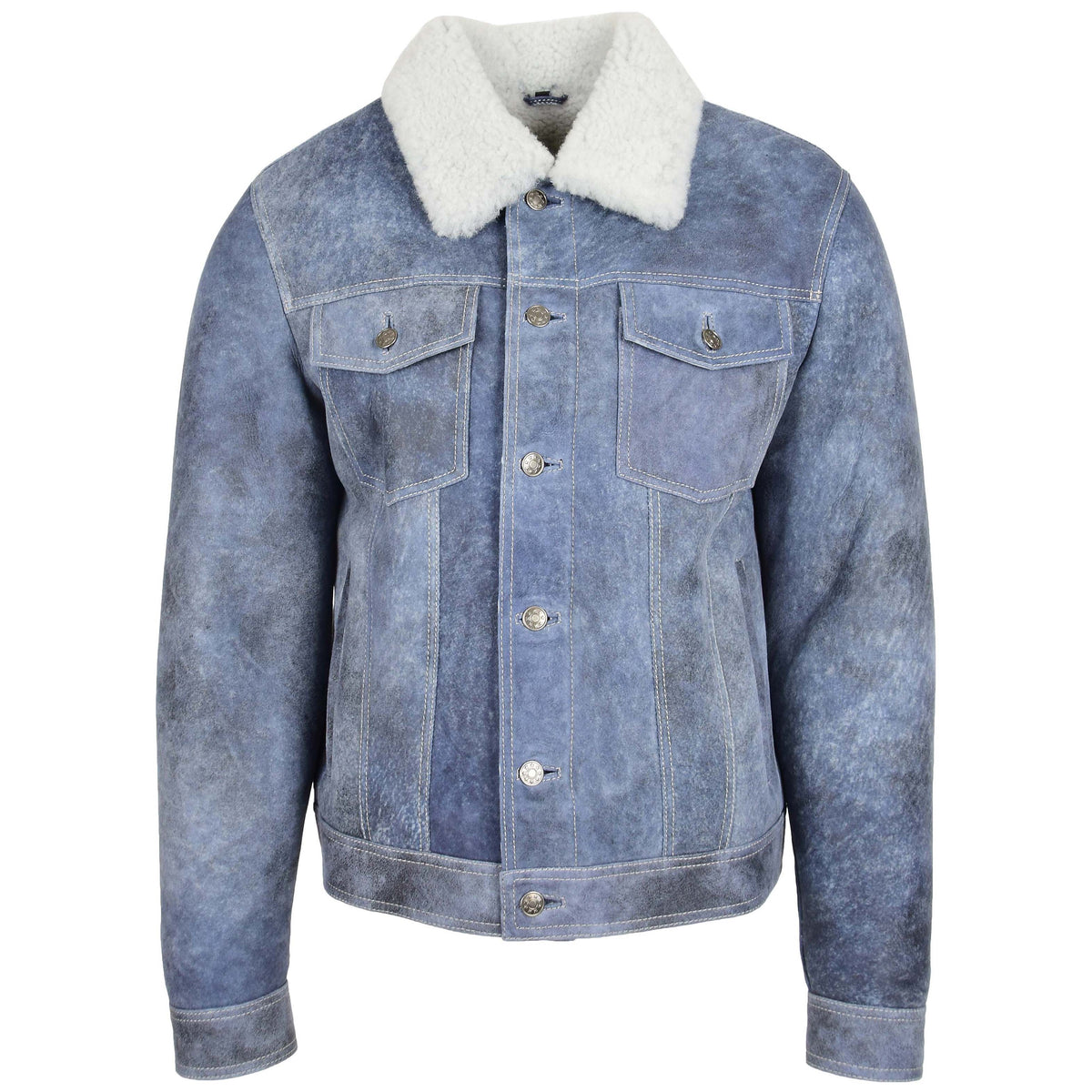Mens Real Sheepskin Trucker Jacket Noah Denim Blue - genuine sheepskin jacket in denim blue with four outer pockets