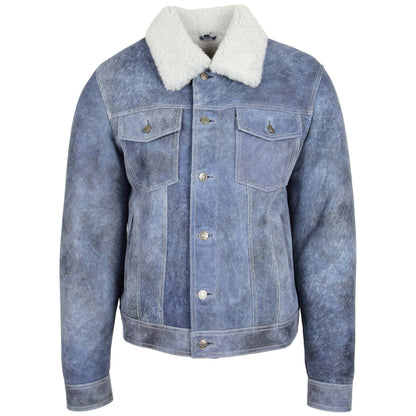 Mens Real Sheepskin Trucker Jacket Noah Denim Blue - genuine sheepskin jacket in denim blue with four outer pockets