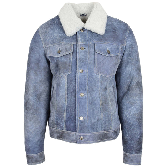 Mens Real Sheepskin Trucker Jacket Noah Denim Blue - genuine sheepskin jacket in denim blue with four outer pockets