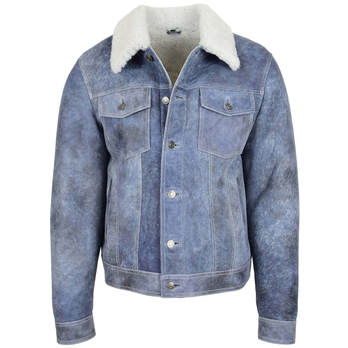 Mens Real Sheepskin Trucker Jacket Noah Denim Blue - genuine sheepskin jacket in denim blue with trucker