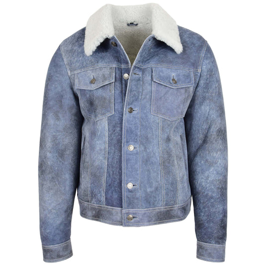 Mens Real Sheepskin Trucker Jacket Noah Denim Blue - genuine sheepskin jacket in denim blue with trucker