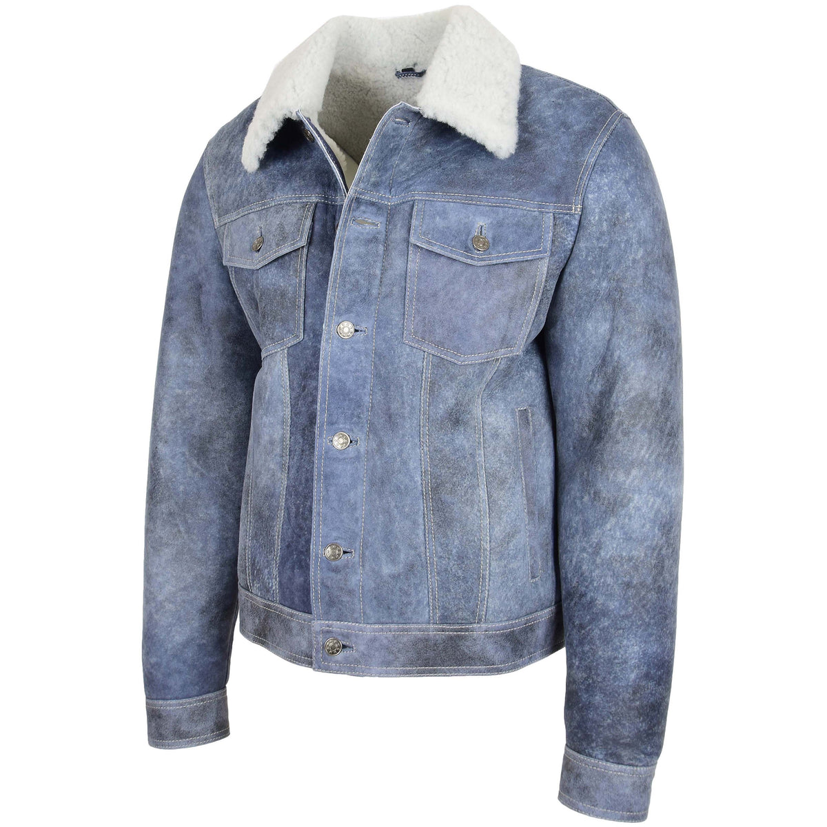 Mens Real Sheepskin Trucker Jacket Noah Denim Blue - genuine sheepskin jacket in denim blue with four outer pockets