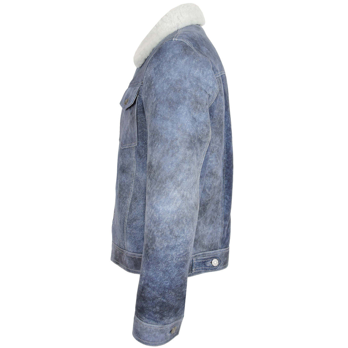 Mens Real Sheepskin Trucker Jacket Noah Denim Blue - genuine sheepskin jacket in denim blue with trucker