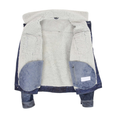 Mens Real Sheepskin Trucker Jacket Noah Denim Blue - genuine sheepskin jacket in denim blue with four outer pockets
