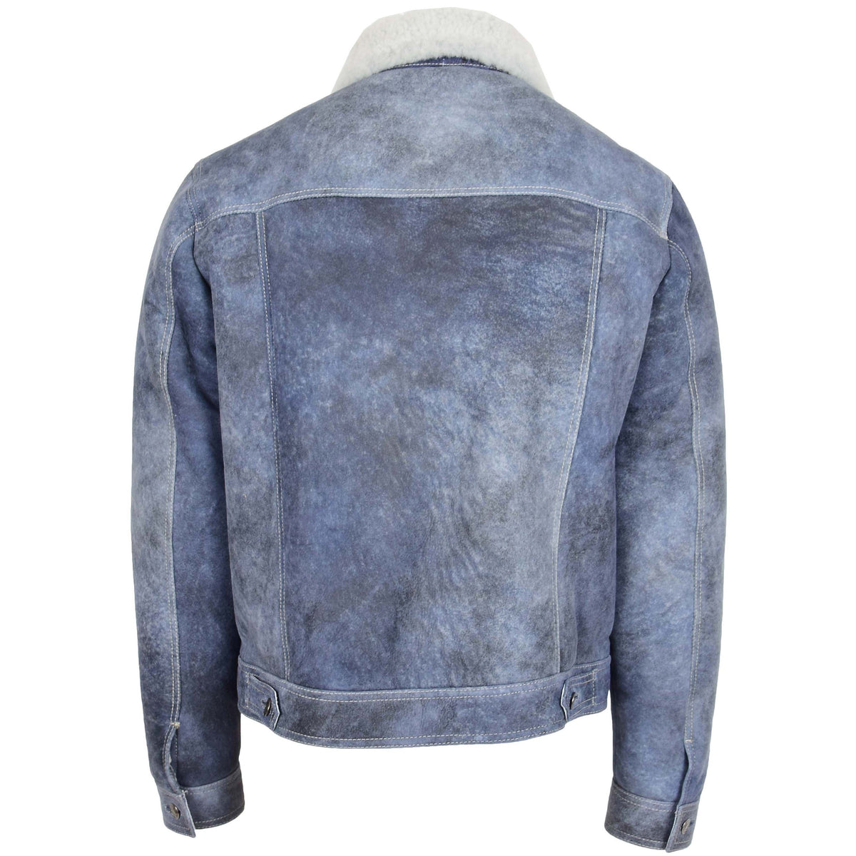 Mens Real Sheepskin Trucker Jacket Noah Denim Blue - genuine sheepskin jacket in denim blue with trucker