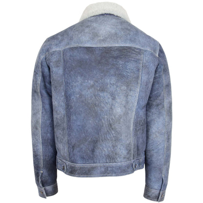 Mens Real Sheepskin Trucker Jacket Noah Denim Blue - genuine sheepskin jacket in denim blue with trucker