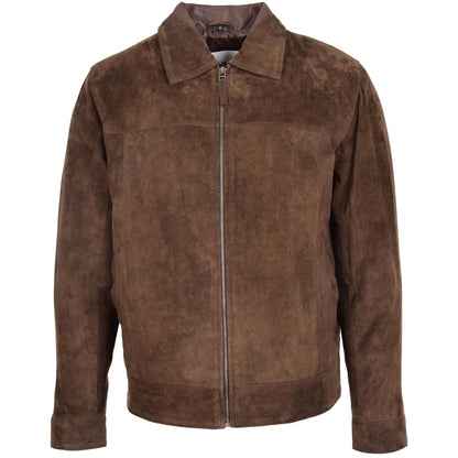 Mens Real Suede Casual Harrington Jacket Larry Brown - genuine suede jacket in brown with two outer pockets