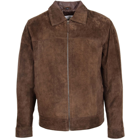 Mens Real Suede Casual Harrington Jacket Larry Brown - genuine suede jacket in brown with two outer pockets
