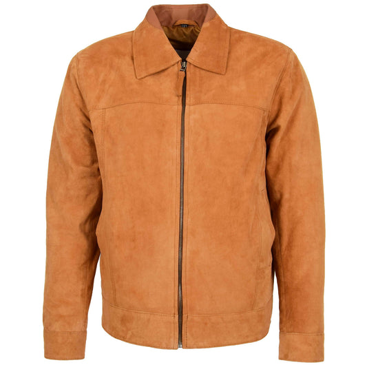 Mens Real Suede Casual Harrington Jacket Larry Tan - genuine suede jacket in tan with two outer pockets
