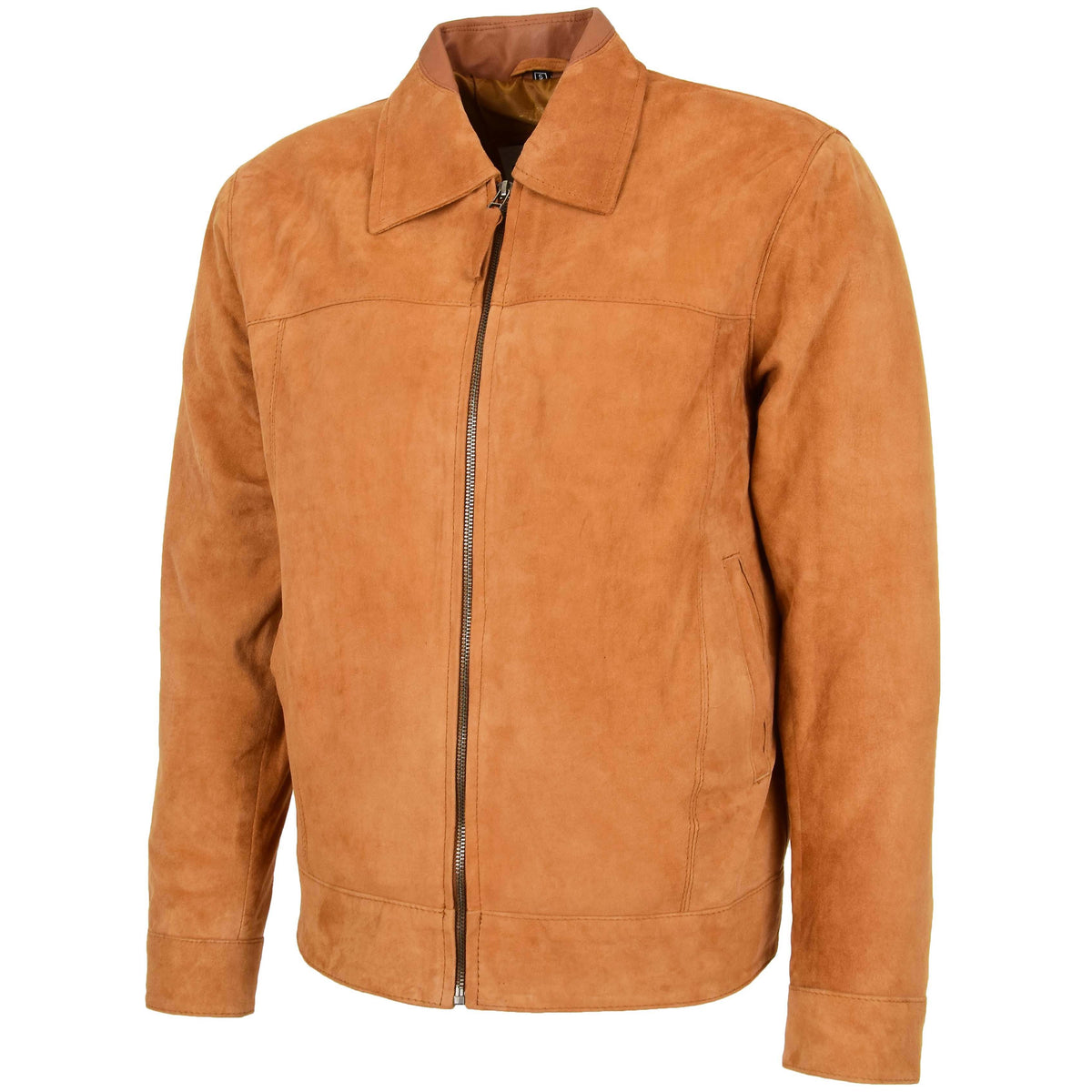 Mens Real Suede Casual Harrington Jacket Larry Tan - genuine suede jacket in tan with two outer pockets