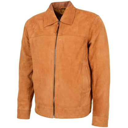 Mens Real Suede Casual Harrington Jacket Larry Tan - genuine suede jacket in tan with two outer pockets