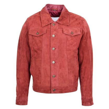 Mens Real Suede Trucker Harrington Jacket Daryl Burgundy - genuine suede jacket in burgundy with four outer pockets