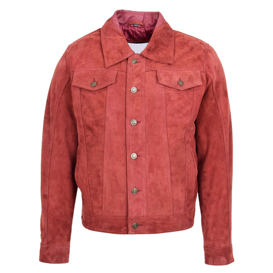 Mens Real Suede Trucker Harrington Jacket Daryl Burgundy - genuine suede jacket in burgundy with four outer pockets