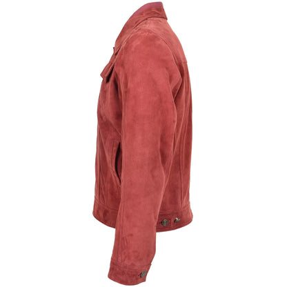Mens Real Suede Trucker Harrington Jacket Daryl Burgundy - genuine suede jacket in burgundy with trucker