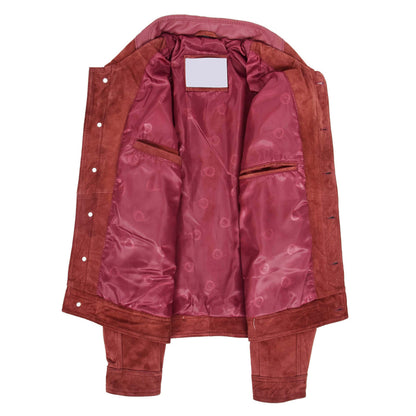 Mens Real Suede Trucker Harrington Jacket Daryl Burgundy - genuine suede jacket in burgundy with four outer pockets