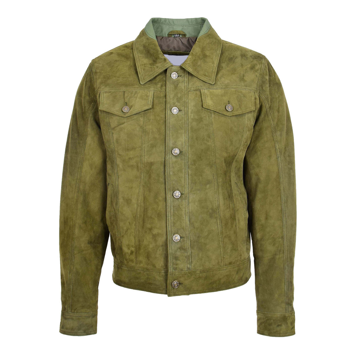 Mens Real Suede Trucker Harrington Jacket Daryl Green - genuine suede jacket in green with four outer pockets