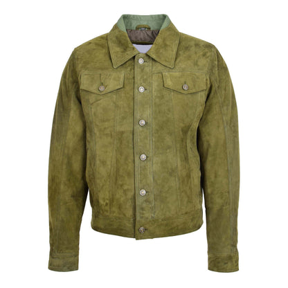 Mens Real Suede Trucker Harrington Jacket Daryl Green - genuine suede jacket in green with four outer pockets