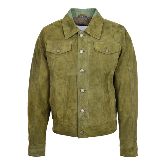 Mens Real Suede Trucker Harrington Jacket Daryl Green - genuine suede jacket in green with four outer pockets