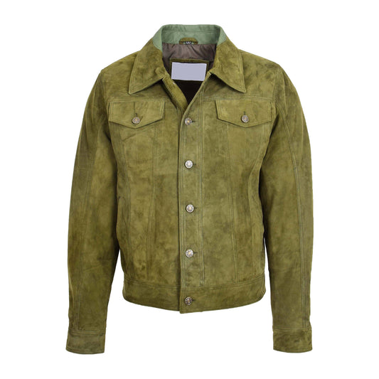 Mens Real Suede Trucker Harrington Jacket Daryl Green - genuine suede jacket in green with harrington