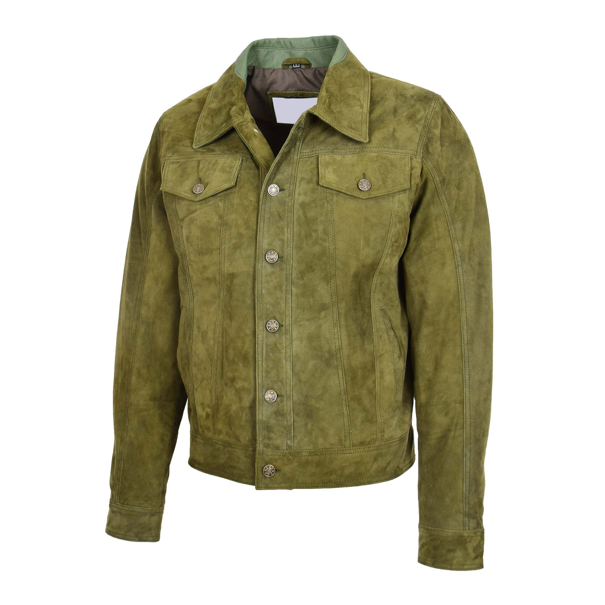 Mens Real Suede Trucker Harrington Jacket Daryl Green - genuine suede jacket in green with trucker