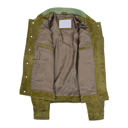 Mens Real Suede Trucker Harrington Jacket Daryl Green - genuine suede jacket in green with harrington