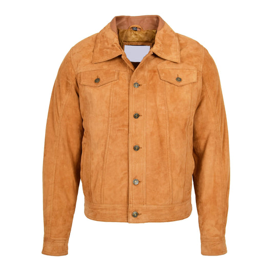 Mens Real Suede Trucker Harrington Jacket Daryl Tan - genuine suede jacket in tan with four outer pockets