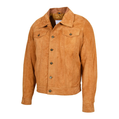 Mens Real Suede Trucker Harrington Jacket Daryl Tan - genuine suede jacket in tan with trucker