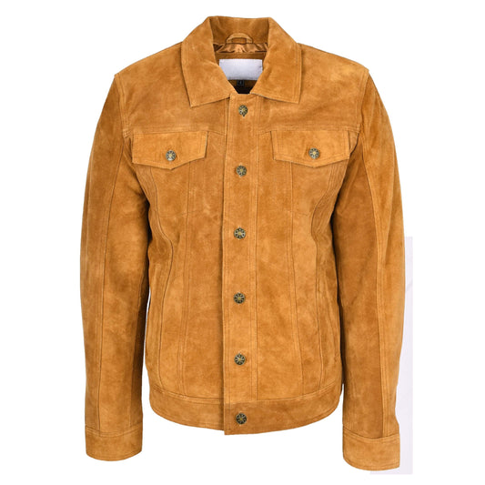 Mens Real Suede Trucker Jacket Lee Rider Style Timmy Tan - genuine suede jacket in tan with front button fastening