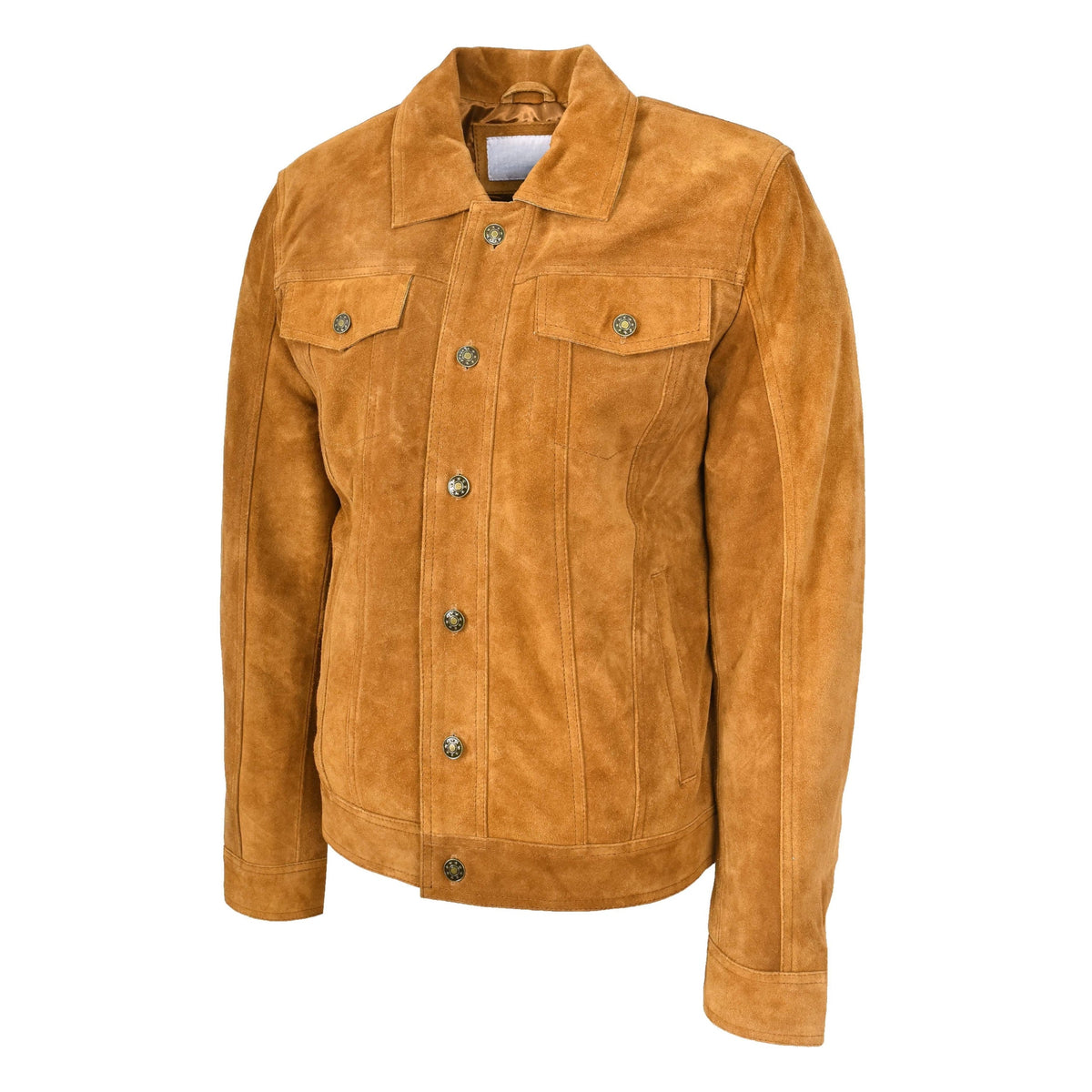 Mens Real Suede Trucker Jacket Lee Rider Style Timmy Tan - genuine suede jacket in tan with buttoned cuffs