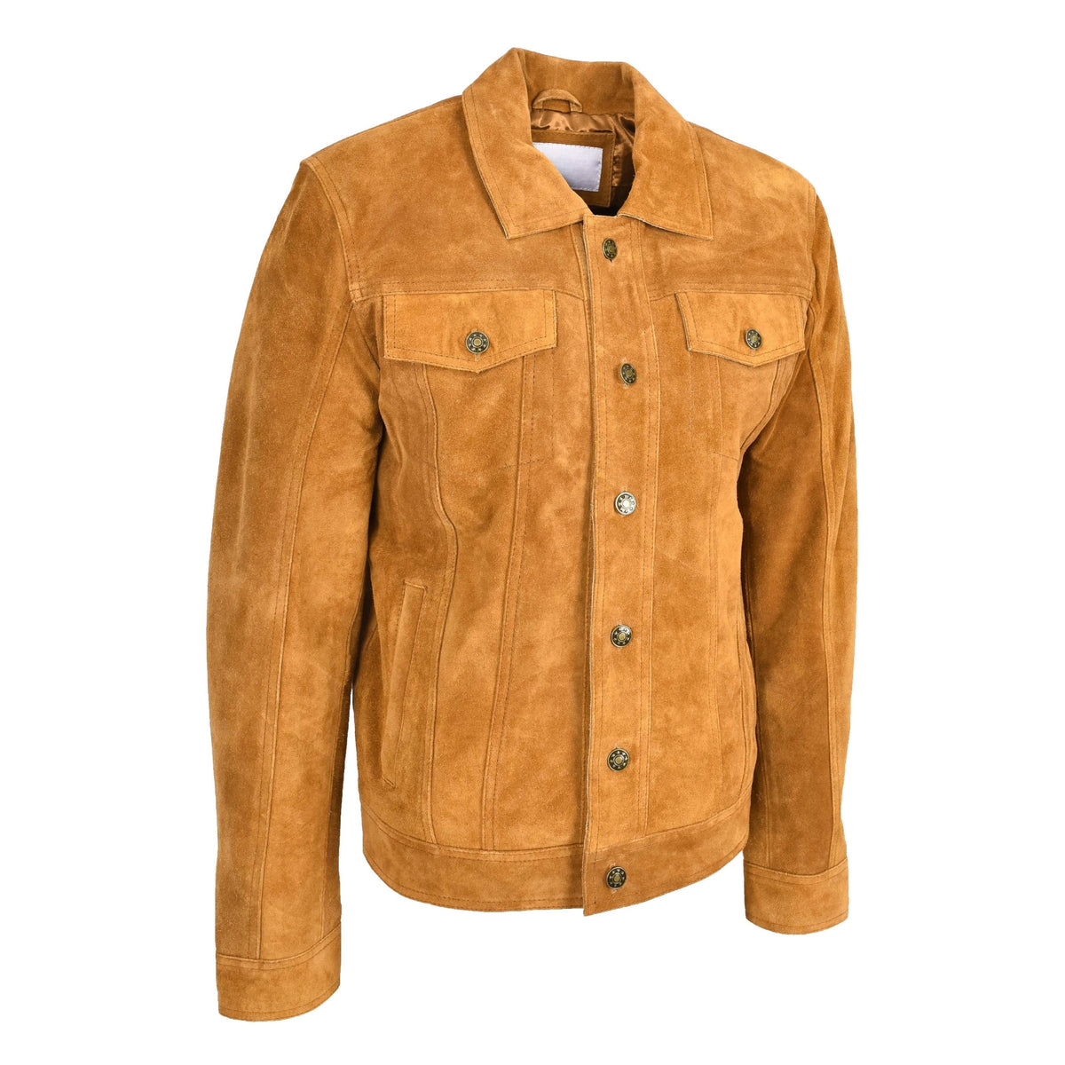 Mens Real Suede Trucker Jacket Lee Rider Style Timmy Tan - genuine suede jacket in tan with four outer pockets