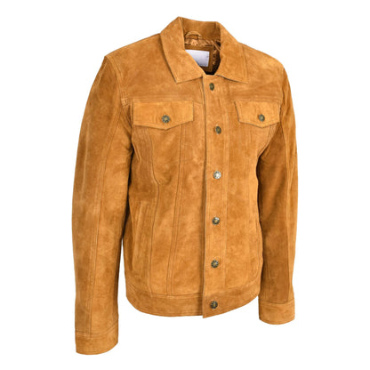 Mens Real Suede Trucker Jacket Lee Rider Style Timmy Tan - genuine suede jacket in tan with four outer pockets